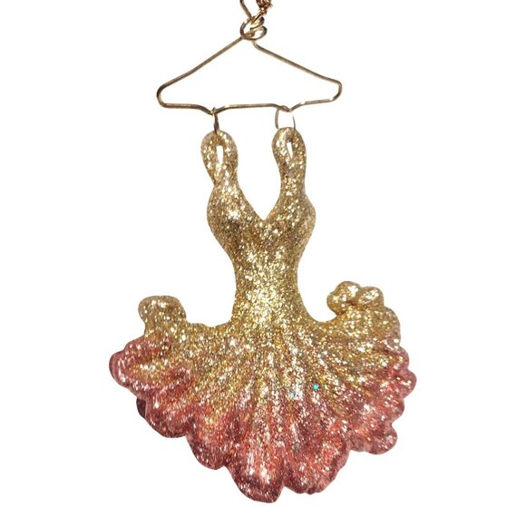 Vintage Gold & Pink Glitter Resin Dress Ornament With Gold Brass Hanger 5.5" - Picture 1 of 7